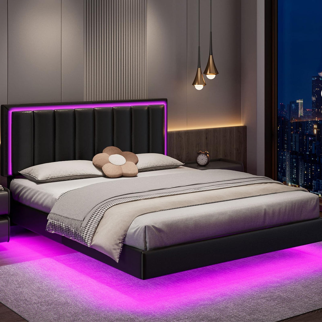 Full Size Floating Bed Frame with LED Lights, Upholstered Platform Bed with Headboard, 11 in Storage Clearance, Solid