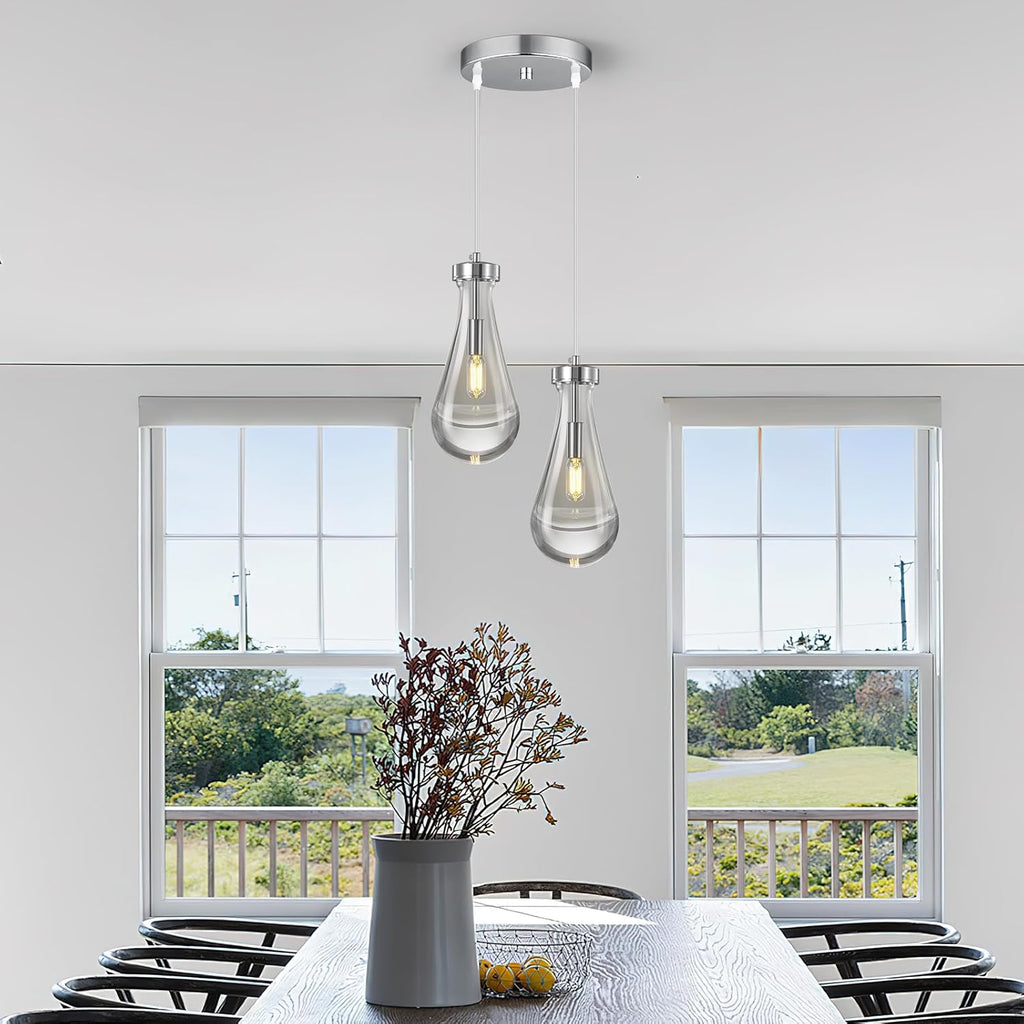 Raindrop Pendant Lights Kitchen Island Teardrop Chrome Hanging Light Fixtures Clear Solid Glass Pendant Light Modern Chandeliers for Dining Room Porch Corridor Living Room (2-Light)