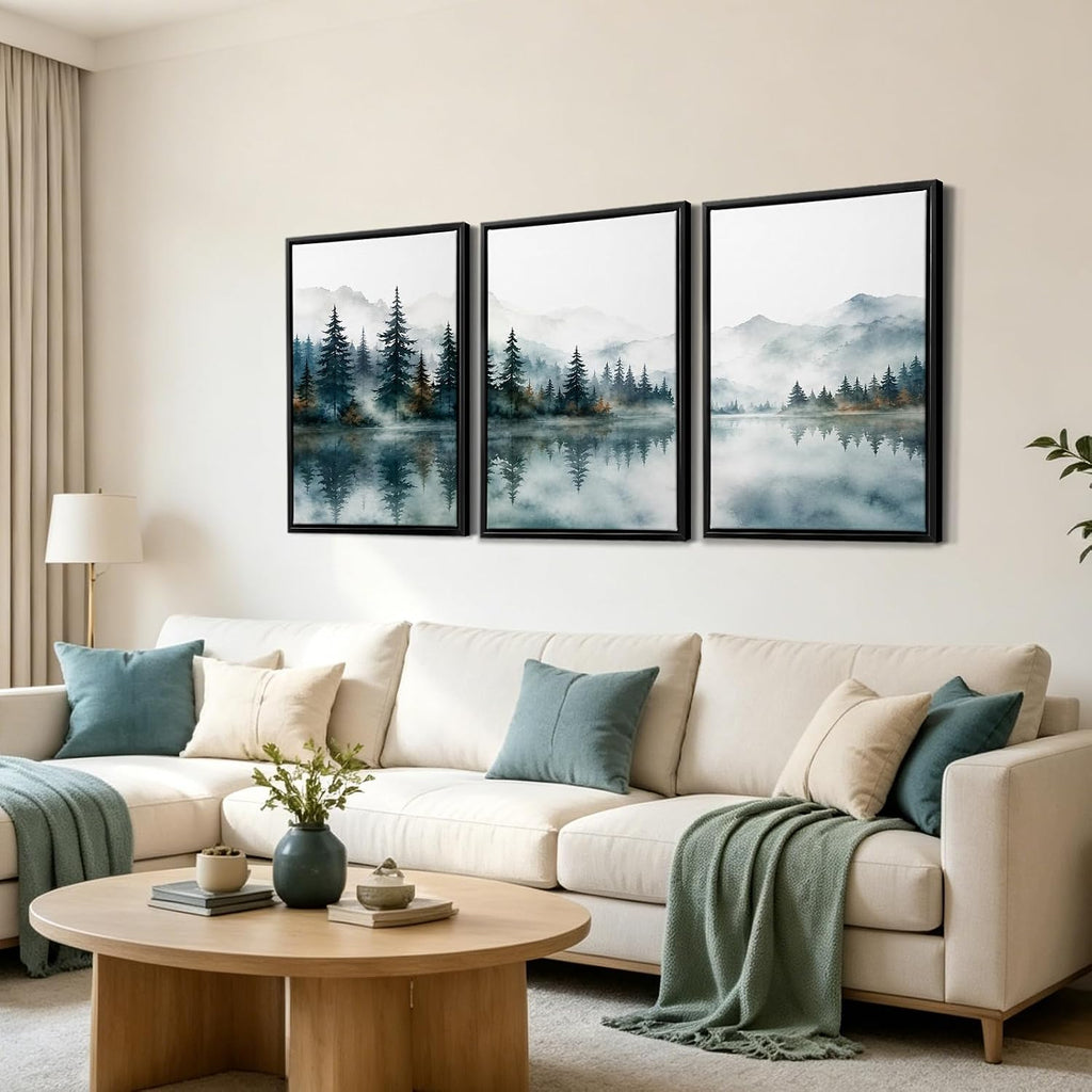Framed Nature Mountain Wall Art, 3 Piece Forest Watercolor Canvas Prints, Misty Lake Landscape Pictures Bedroom