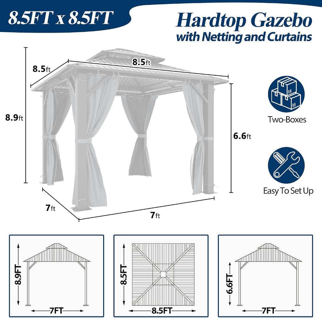 8.5' x 8.5' Outdoor Hardtop Gazebo - Aluminum Heavy-Duty Double Roof Vented Gazebo with Breathable Netting & Privacy