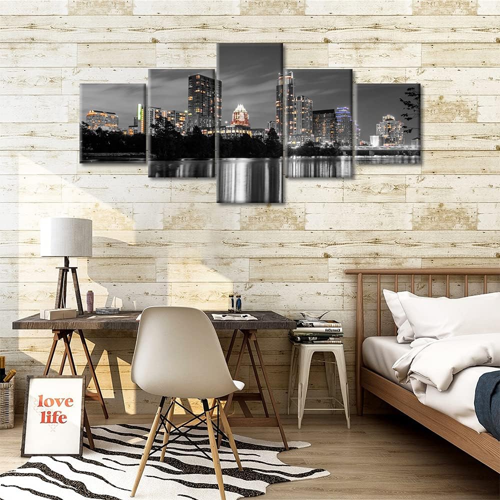Austin Skyline Black and White Wall Art City Skyscraper Panoramic Wall Decorations Modern 5 Piece Texas Cityscape