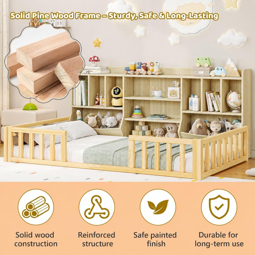 Full Size Floor Bed with High Solid Guardrail & 4-Tier Storage Cabinet, Premium Wood Bed Frame for Kids, Boys and