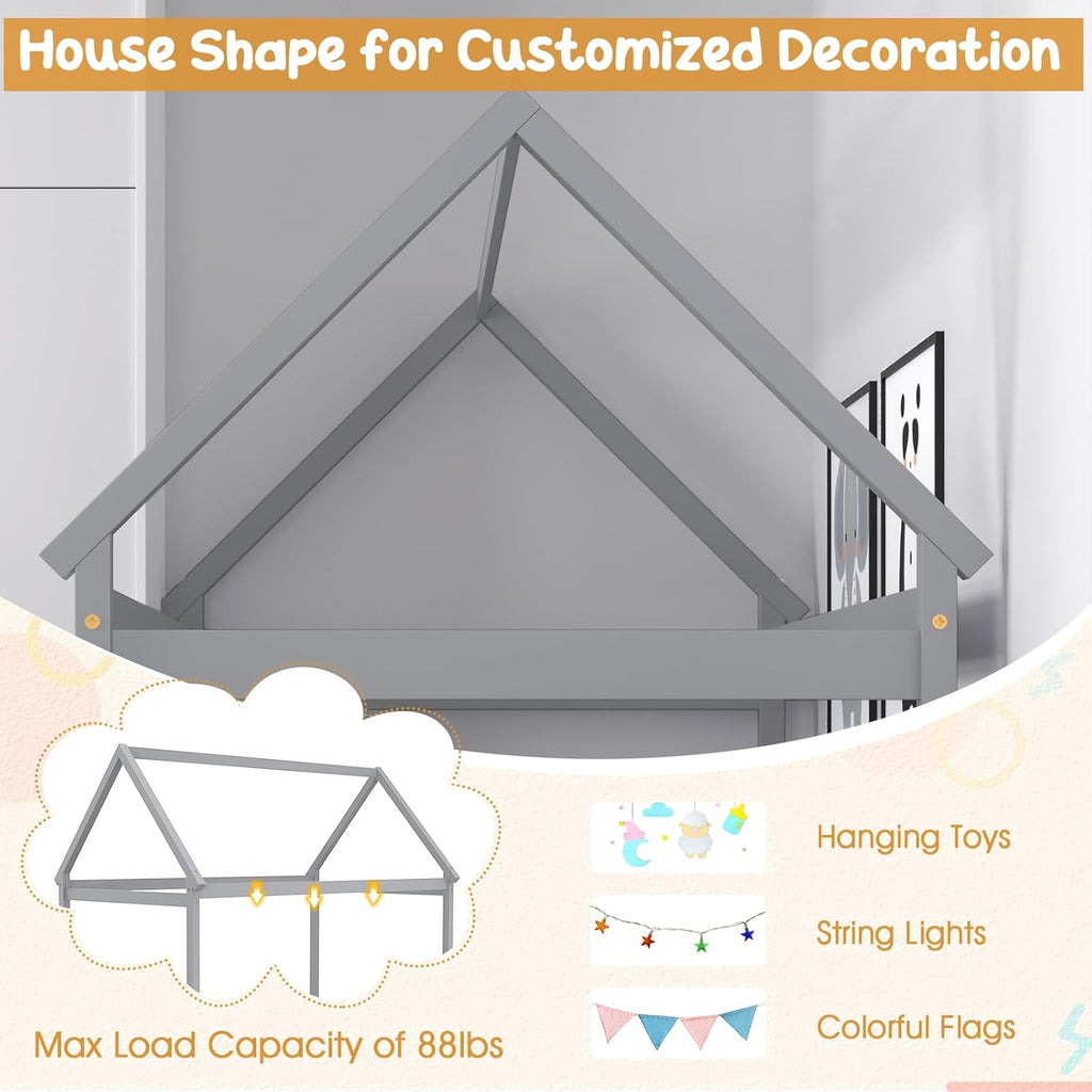 Tw Bed, Wood Montessori Bed Frame with House Roof Canopy, Low Floor Bed with Sturdy Wood Slat Support, No Box Spring