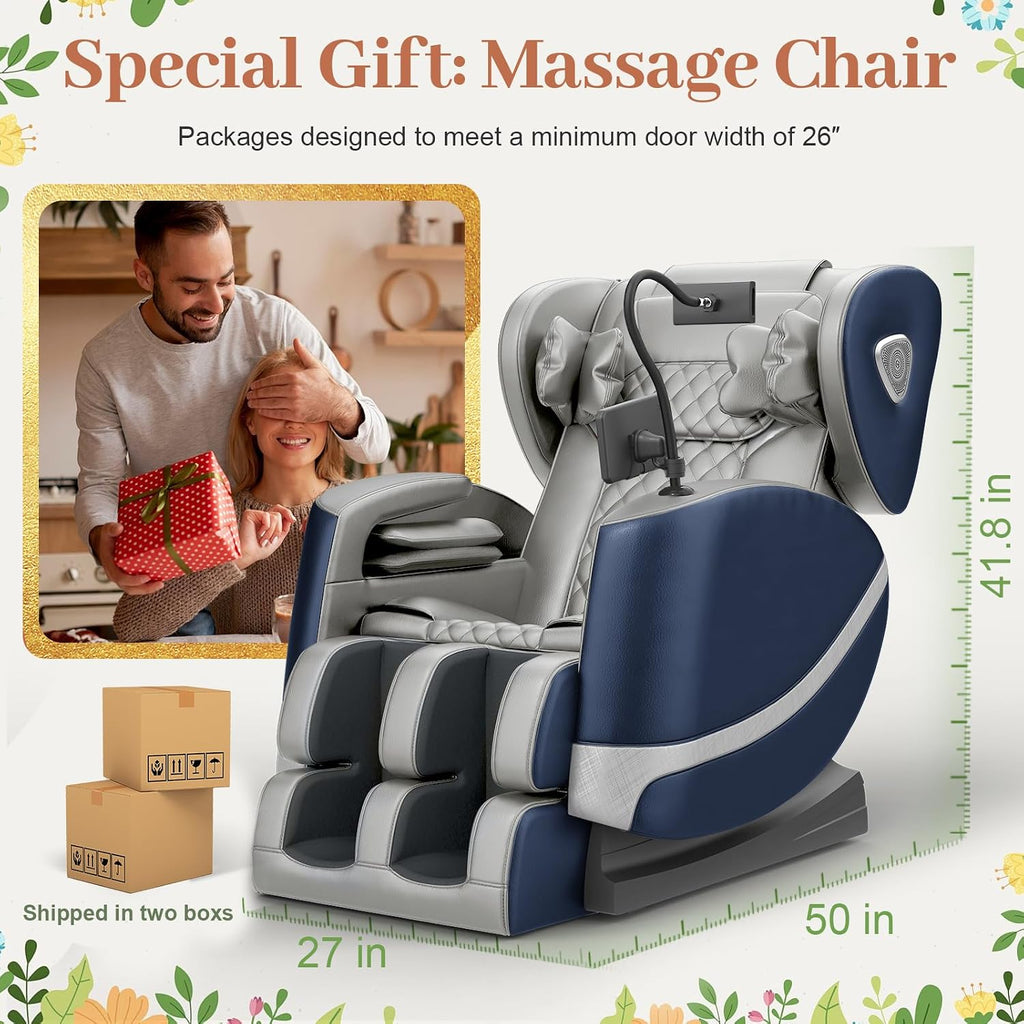 Massage Chair Full Body Zero Gravity Recliner, 2026 Blue Leather | 14 Shiatsu Rollers, 10 Airbags, 5 Auto Modes