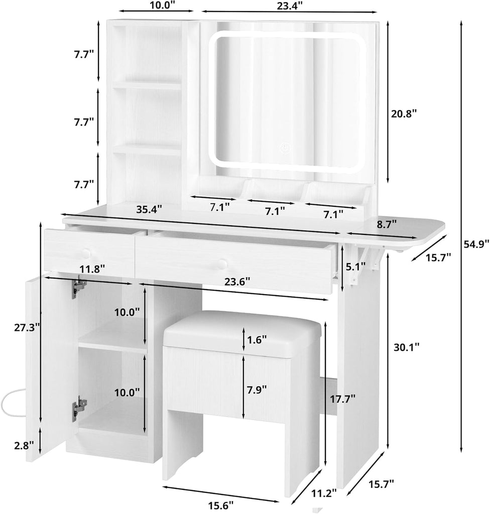 Vanity Desk with Charging Station and Dressing Room | LED Lights, Drawers, Mirror, Storage, Drawer space