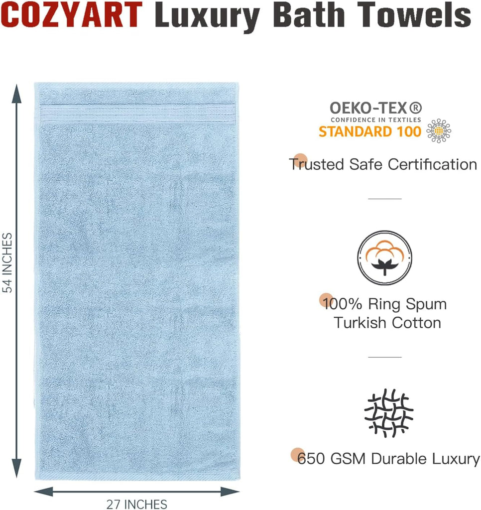 Luxury Bath Towels 4 PCS, 27x54 650 GSM Turkish Cotton, Light Blue | Zero Twist 100% Ring Spun Cotton, Fluffy, Ultra