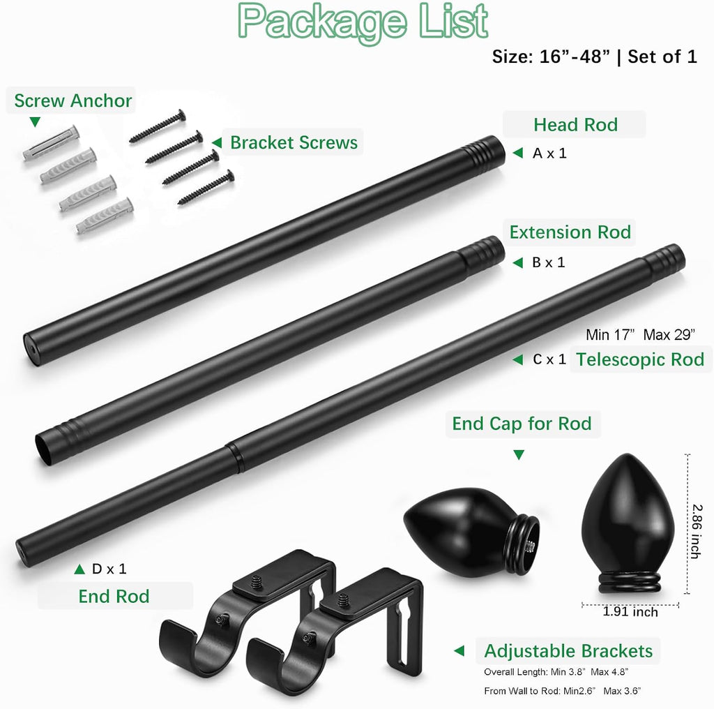 Curtain Rods for Windows 16 to 48 inches, Curtain Rod Max Adjustable Length to 60 in, Drapery Rod 1 inch Diameter