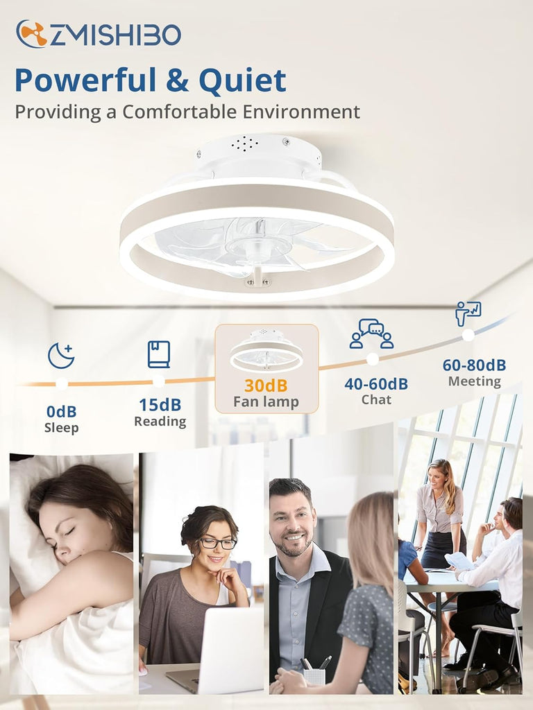 Low Profile Ceiling Fans with Lights and Remote, 13 Inch Fandelier Ceiling Fan with Light, White Modern Flush Mount Ceiling Fan, Small Dimmable LED Fan Lights for Bedroom