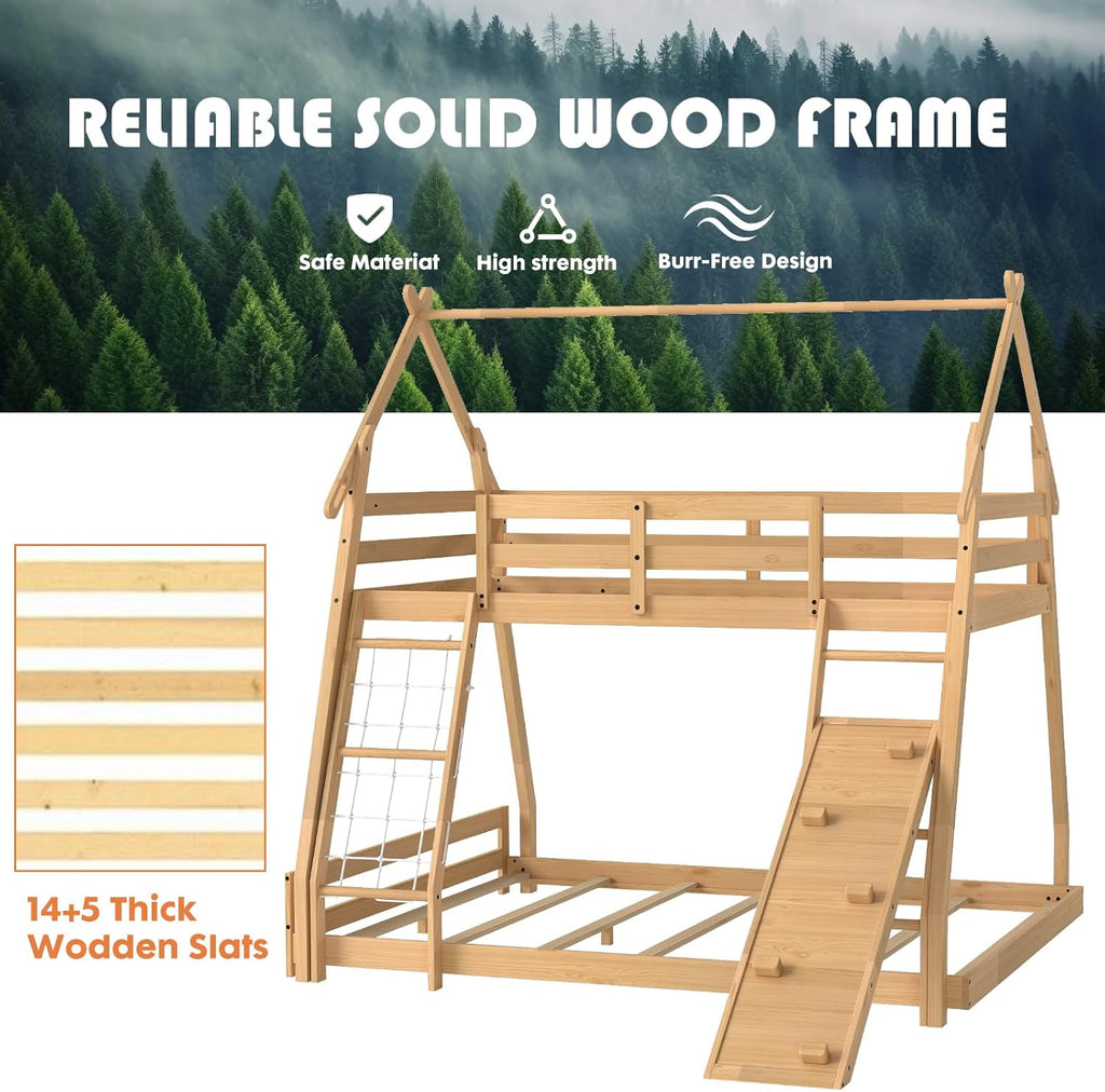 Bunk Bed Twin Over Full, Wooden House Bunk Bed with Climbing Nets & Ramp