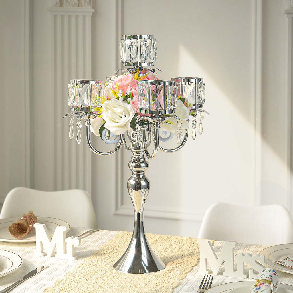 Candelabra Candle Holders, Elegant Bling Centerpiece with Pendant Crystal Table Decorations 5 Arms Candlesticks,22