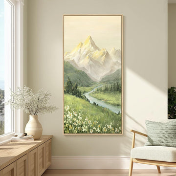 Framed Large Mountain Wall Art , Vertical Green Forest Landscape Canvas Artwork for Walls, Nature Scenery Painting