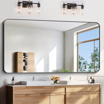 Large Bathroom Mirror 72x36 Inches, Black Oversized Wall Mirror for 2 Sinks Aluminum Frame Full Length Rounded Corner