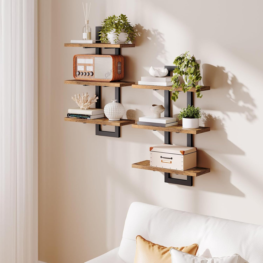 Floating Shelves, Set of 2 Wall Shelves, 3-Tier Wall Mounted Storage Shelves, Hanging Bathroom Shelves, Rustic Brown