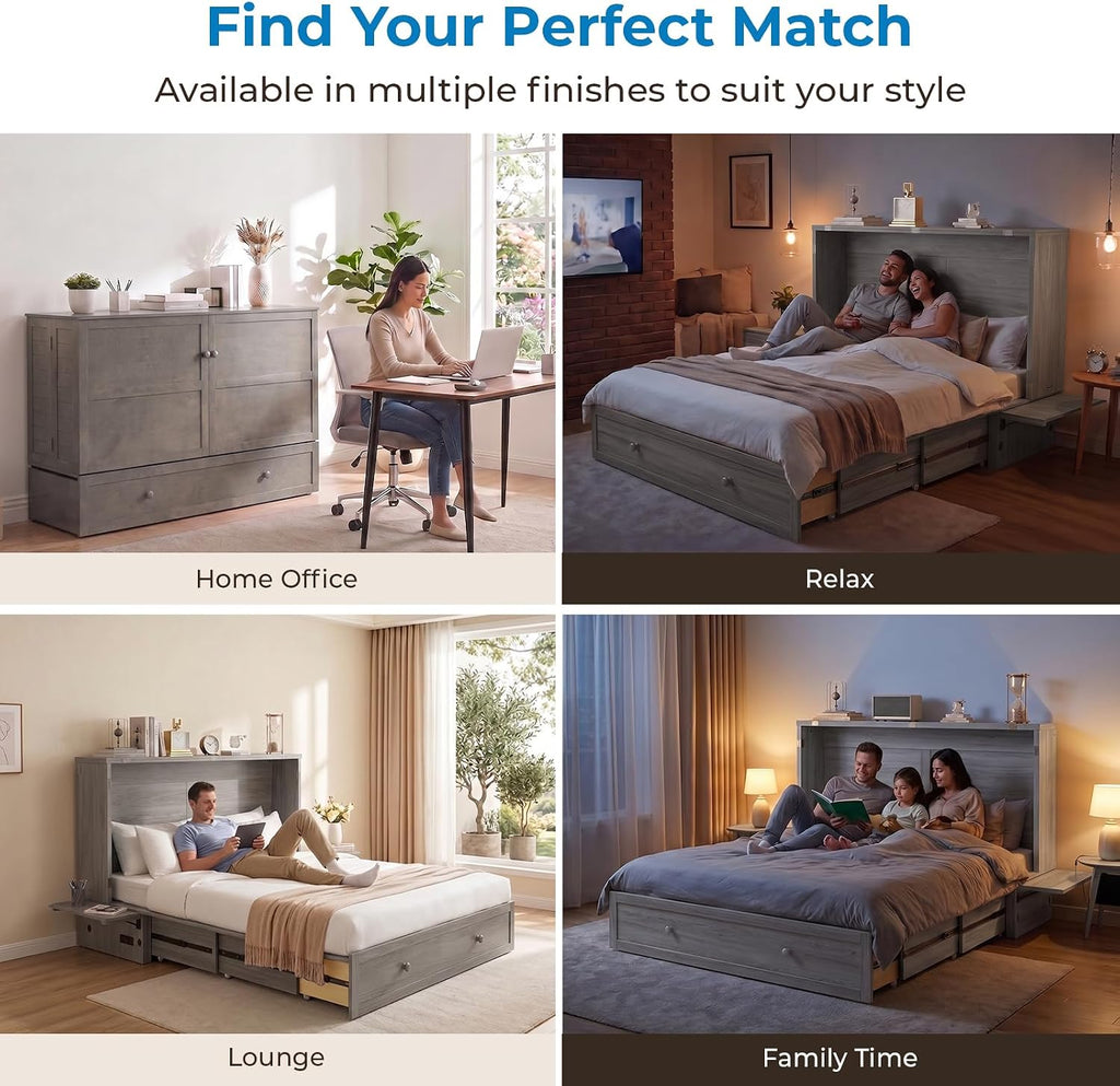 Queen Murphy Bed Cabinet with Tri-fold Mattress, Cabinet Bed with Built-in Charging Station, Storage Drawer, Solid