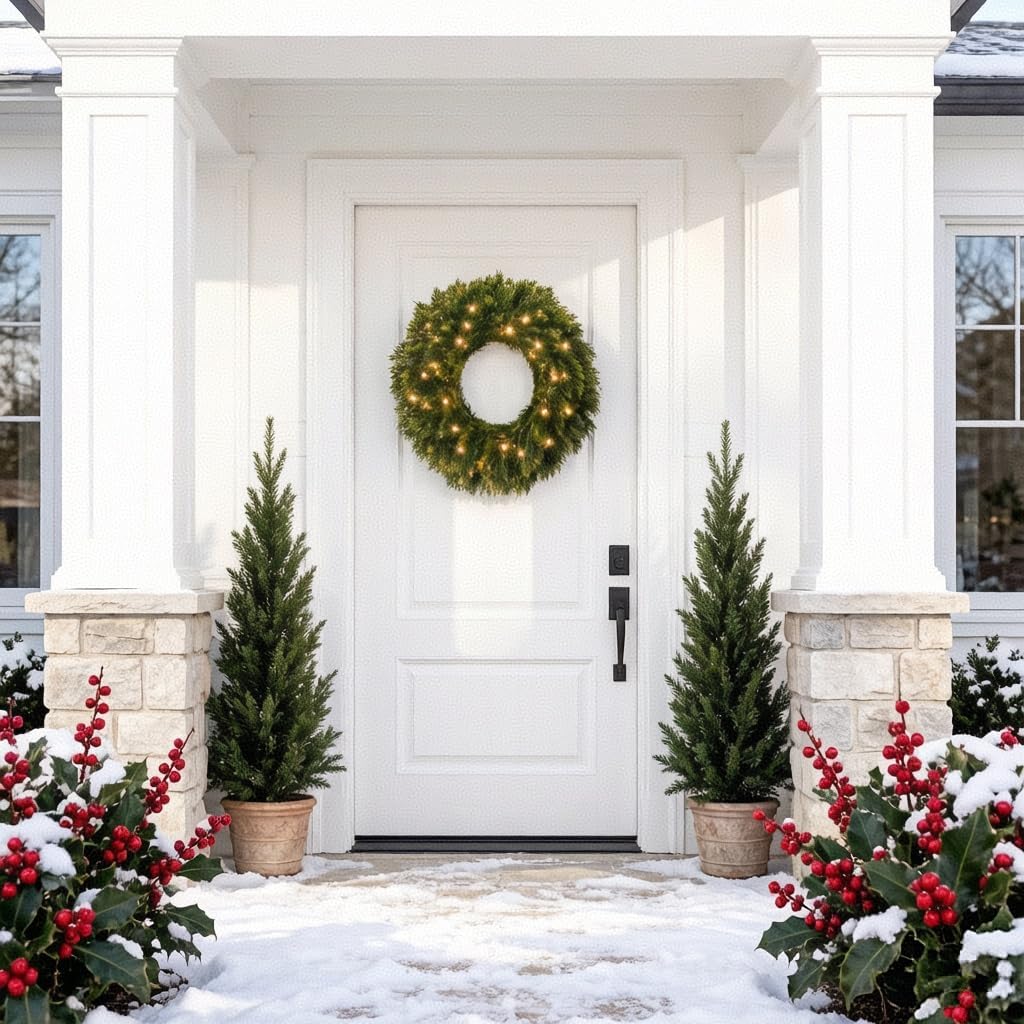 26 Inch Lighted Real Touch Christmas Cedar Wreath for Front Door | Artificial Greenery Foldable Wreath with Lights