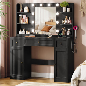 Large Vanity Desk with Mirror and Lights, Makeup Vanity with Power Outlets, 3 Drawers and 2 Large Cabinets, 3