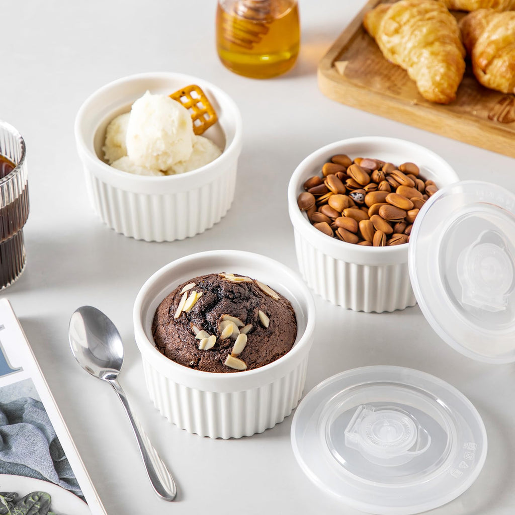 8 oz with Lid, Porcelain Creme Brulee Souffle Dishes, White Pudding Custard Cups Ramiken for Baking, Dishwasher and