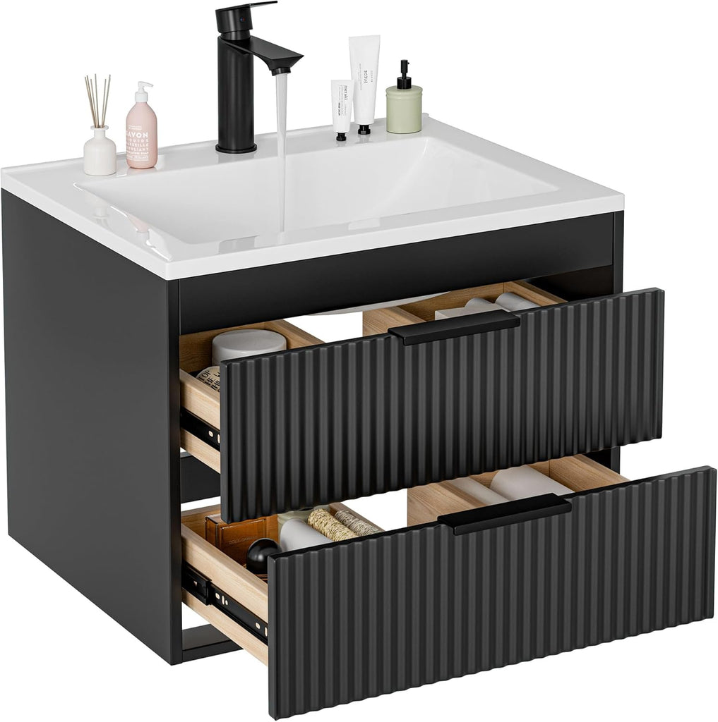24" Modern Floating Bathroom Vanity with Sink - Wall Mounted Cabinet with Double Drawers