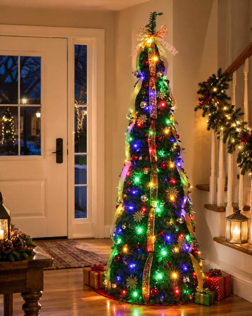 8ft Fully Decorated Pop up With Warm White Multicolor Lights