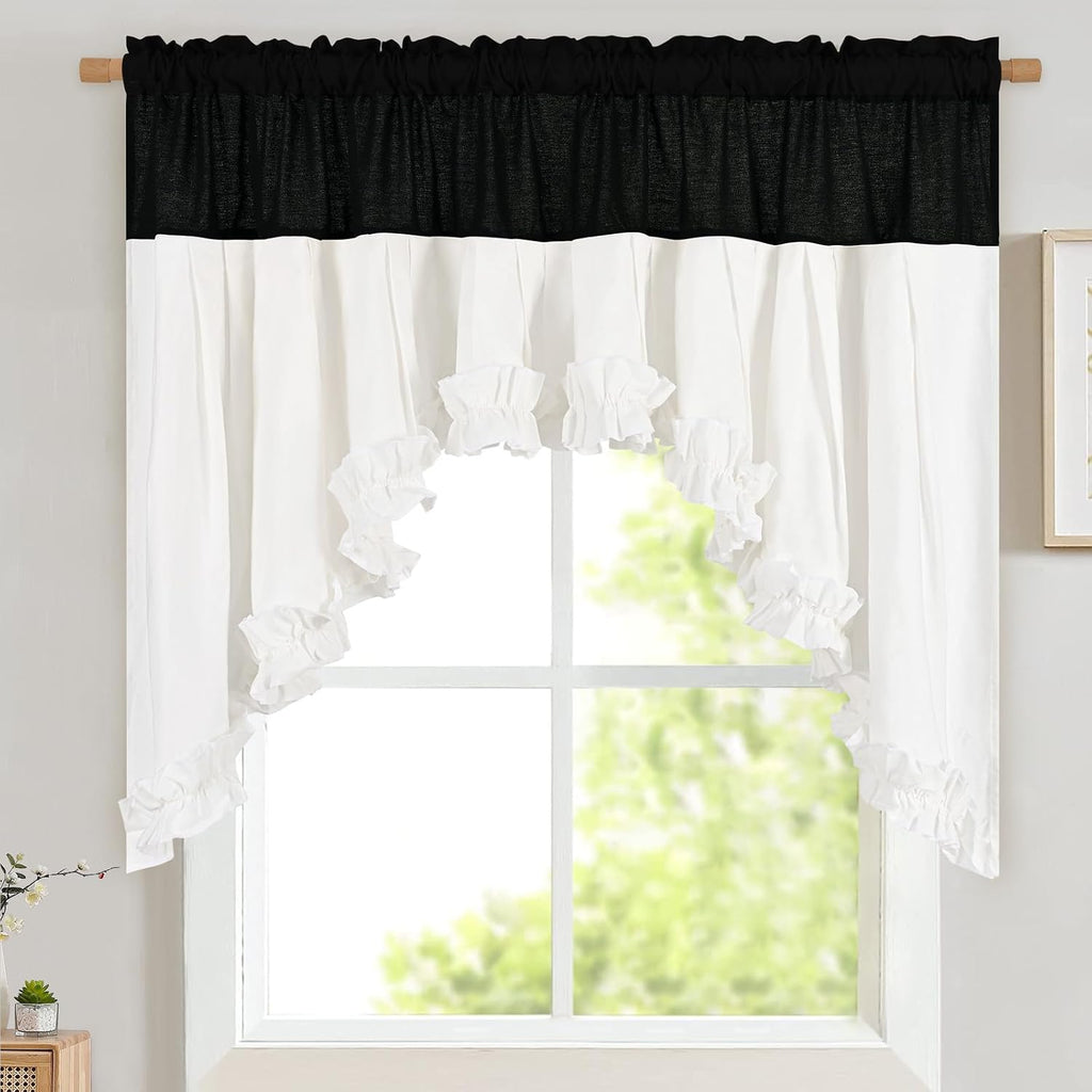 Black and White linen ruffle swag valance 60W x 36L - Casa Home Living
