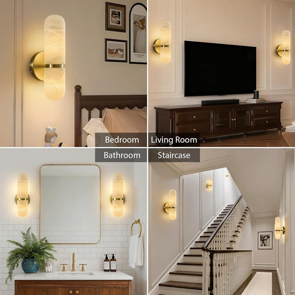 Natural Alabaster Brass Wall Sconce - Modern Luxury Spanish Stone Cylinder Sconces with Bulb - Brushed Gold Indoor