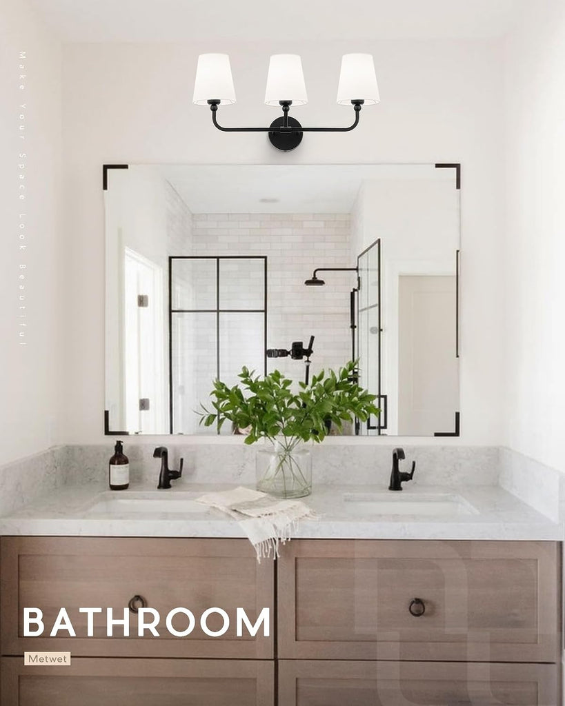 Bathroom Light Fixtures, Matte Black Vanity Lights with Flared White Fabric Shade, 3 Light Wall Sconce, Modern