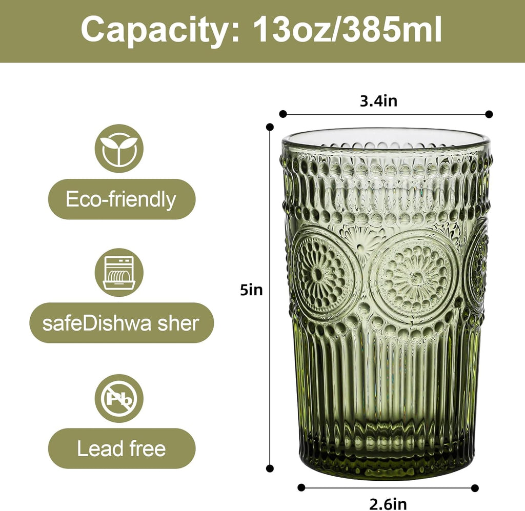 Vintage Glassware Drinking Glasses Set of 6, 13 oz Green Textured Flower Design Glass Water Tumblers，Embossed Striped
