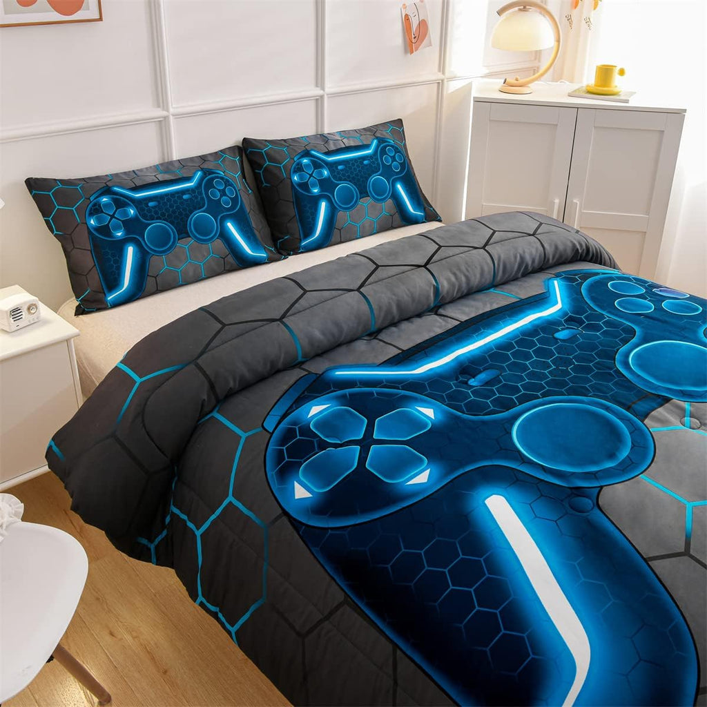 Game Console Comforter Set for Boys Girls Kids 3D Gaming Geometric Lightweight Microfiber Bedding Sets (blue, Queen)