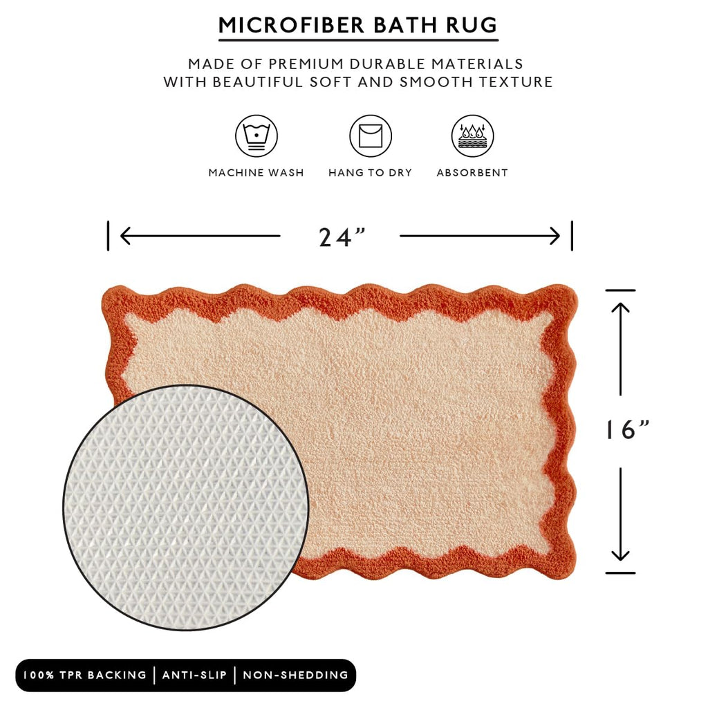 Bath Mat with Scalloped Wavy Ripple Design, Soft Absorbent Non-Slip Polyester Rug Floor, Shower or Kitchen (16x24