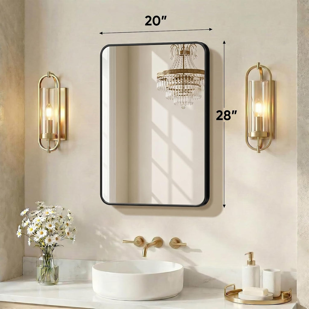 Bathroom Mirror for Over Sink, 20x28 Inch Wall Mount Mirror with a Rounded Rectangle and Matte Metal Frame