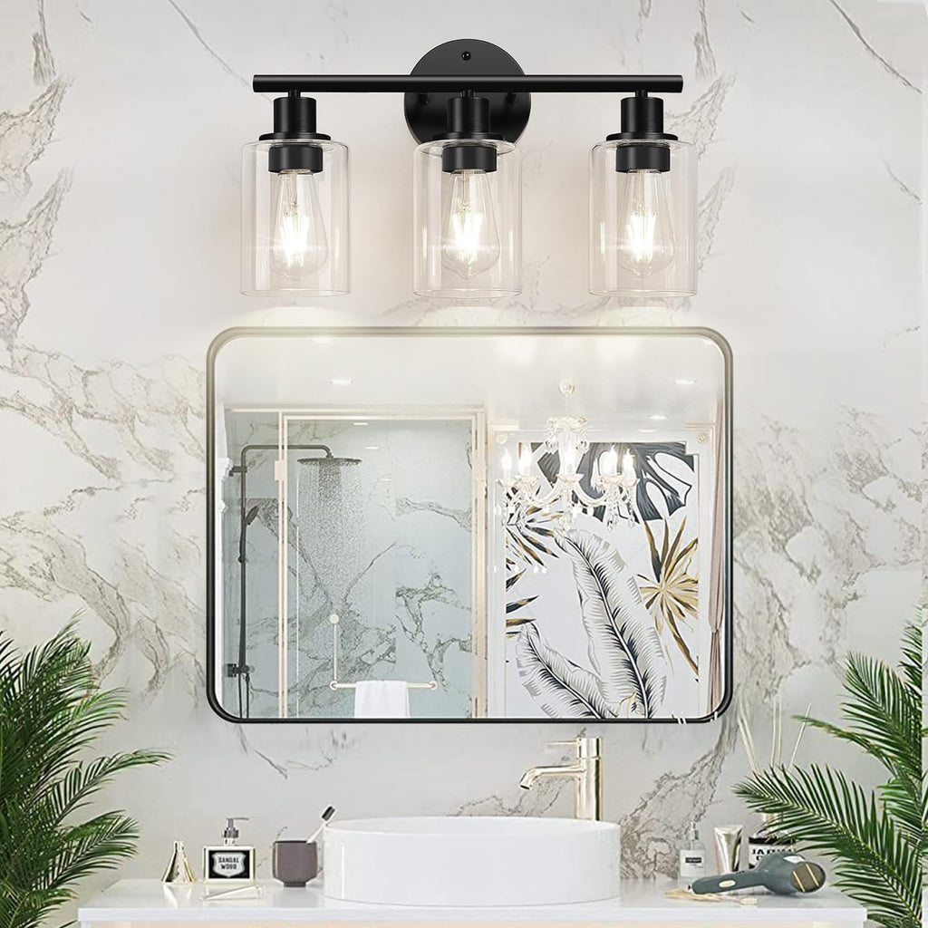 3-Light Bathroom Light Fixtures, 17.23" Black Modern Vanity Lights with Clear Glass Shade, Bathroom Wall Lamp for