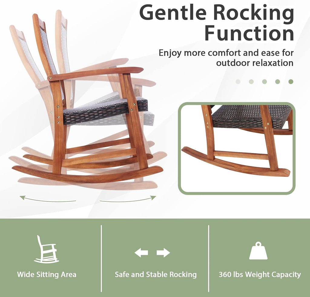 3 Pieces Rocking Bistro Set Acacia Wood Patio Rocking Chairs with Coffee Table, Rattan Wicker Rocking Conversation