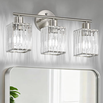 3 Light Bathroom Light Fixtures, Modern Crystal Vanity Lights over Mirror | Metal Frame, Bathroom Light with Square