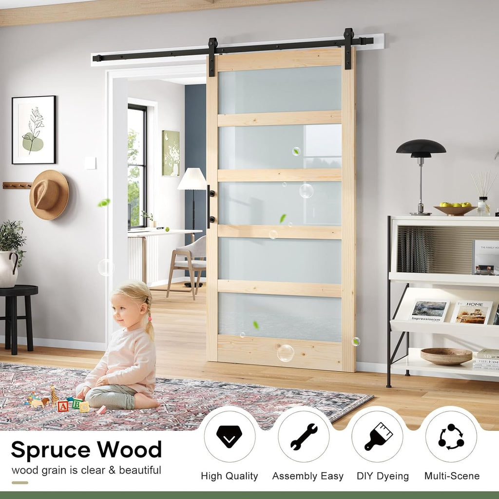 42x84 inch Glass Sliding Barn Door Slab with 7ft Hardware Kit Included, 5-Panel Frosted Glass, Spruc