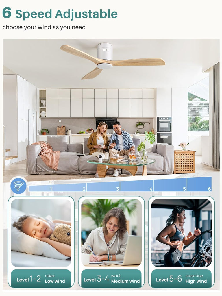 52 Inch Solid Wood Ceiling Fan Without Lights Flush Mount Ceiling Fans with Remote Control