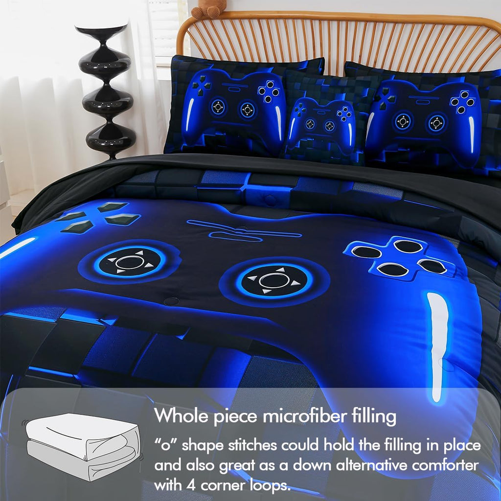 Bed in A Bag 6 Pieces Gaming Bedding Set for Boys Blue Gamer Comforter with Sheet Set for Kids Teen Cool Video
