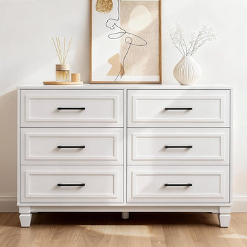 Farmhouse 6 Drawers Dresser , White Dressers with Unique Solid Wood Legs, Modern Wide Chest Dressers for Clothes