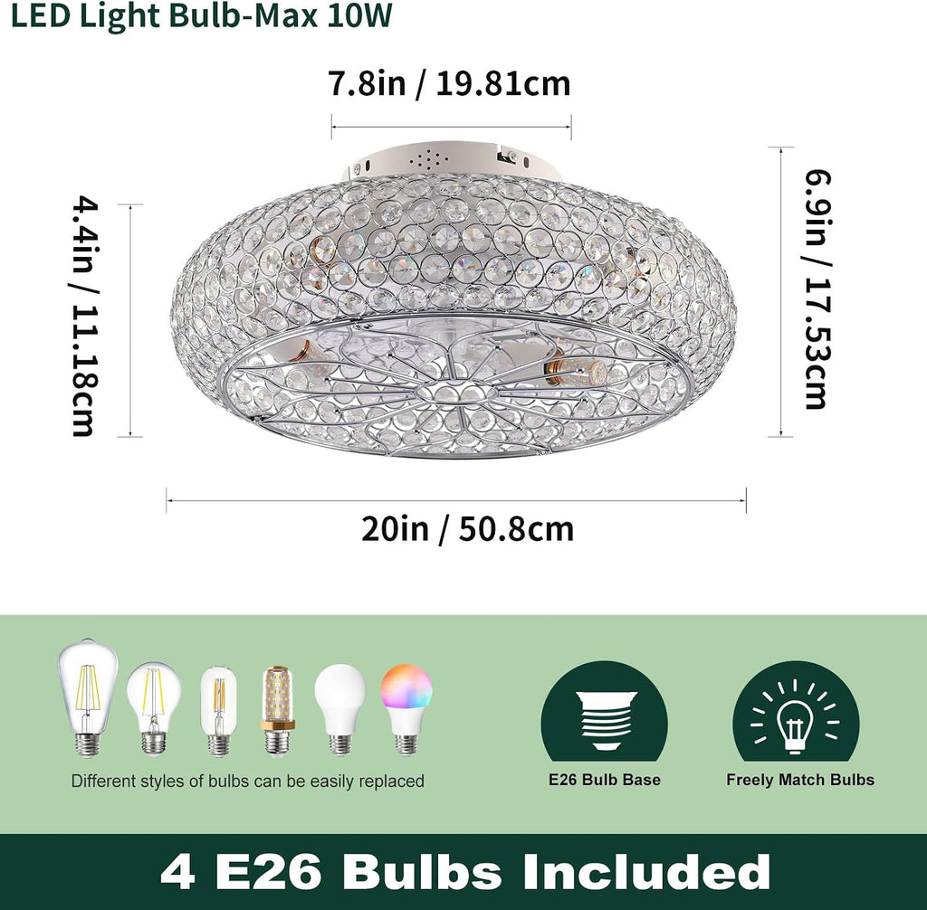 Caged Crystal Ceiling Fans with Lights and Remote,20" Flush Mount Low Profile Ceiling Fan with Light