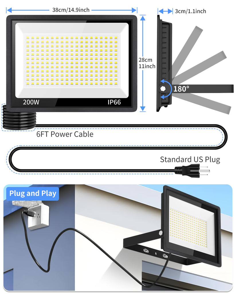 200W LED Flood Light Outdoor Plug in, IP66 for Yard Garage, 5000K