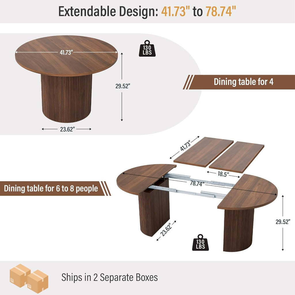 41 in-78 in Extendable Dining Room Table for 4-8, Round Expandable Kitchen Table with Fluted Base, Modern Farmhouse