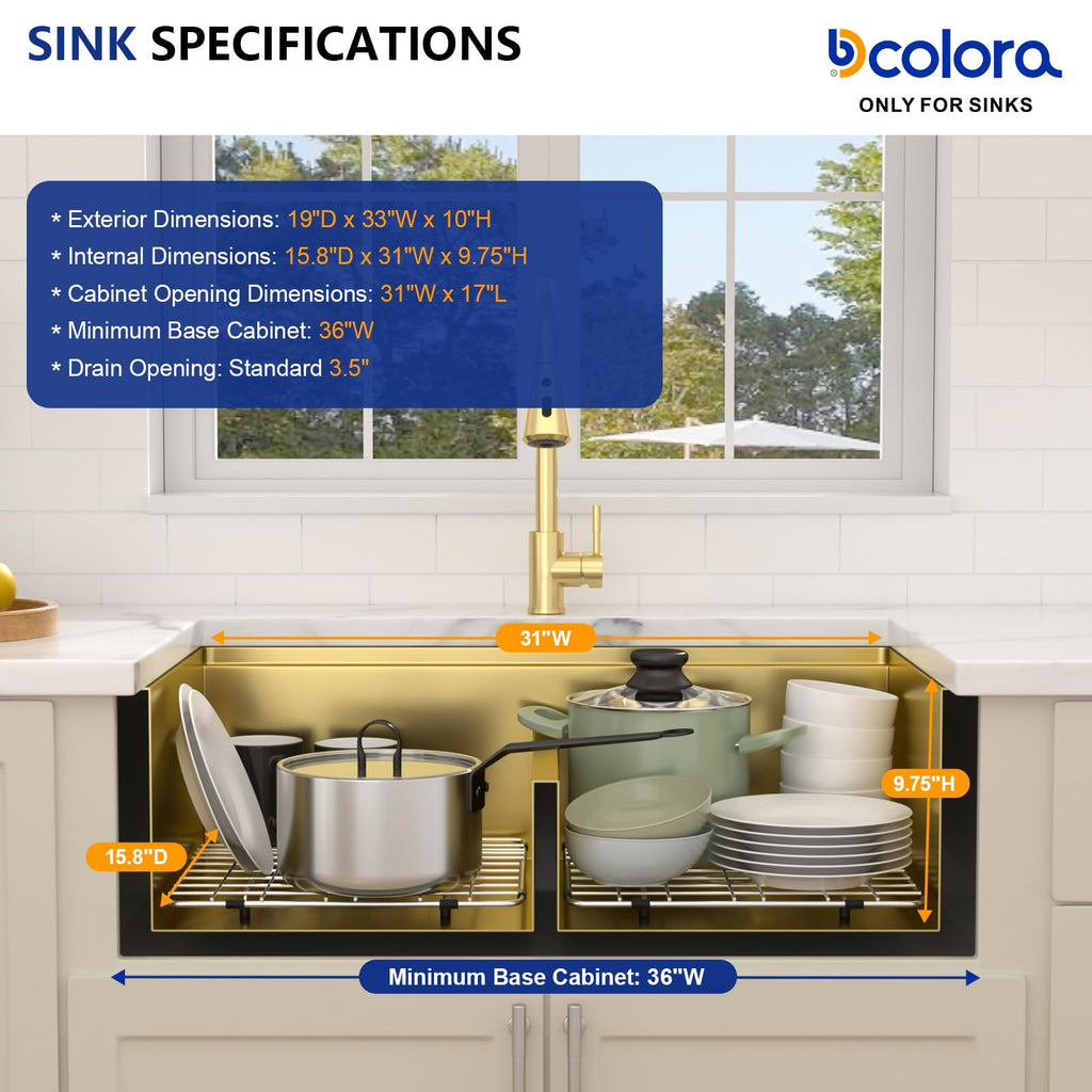 33"x19" Gold Undermount Double Bowl Workstation Kitchen Sink