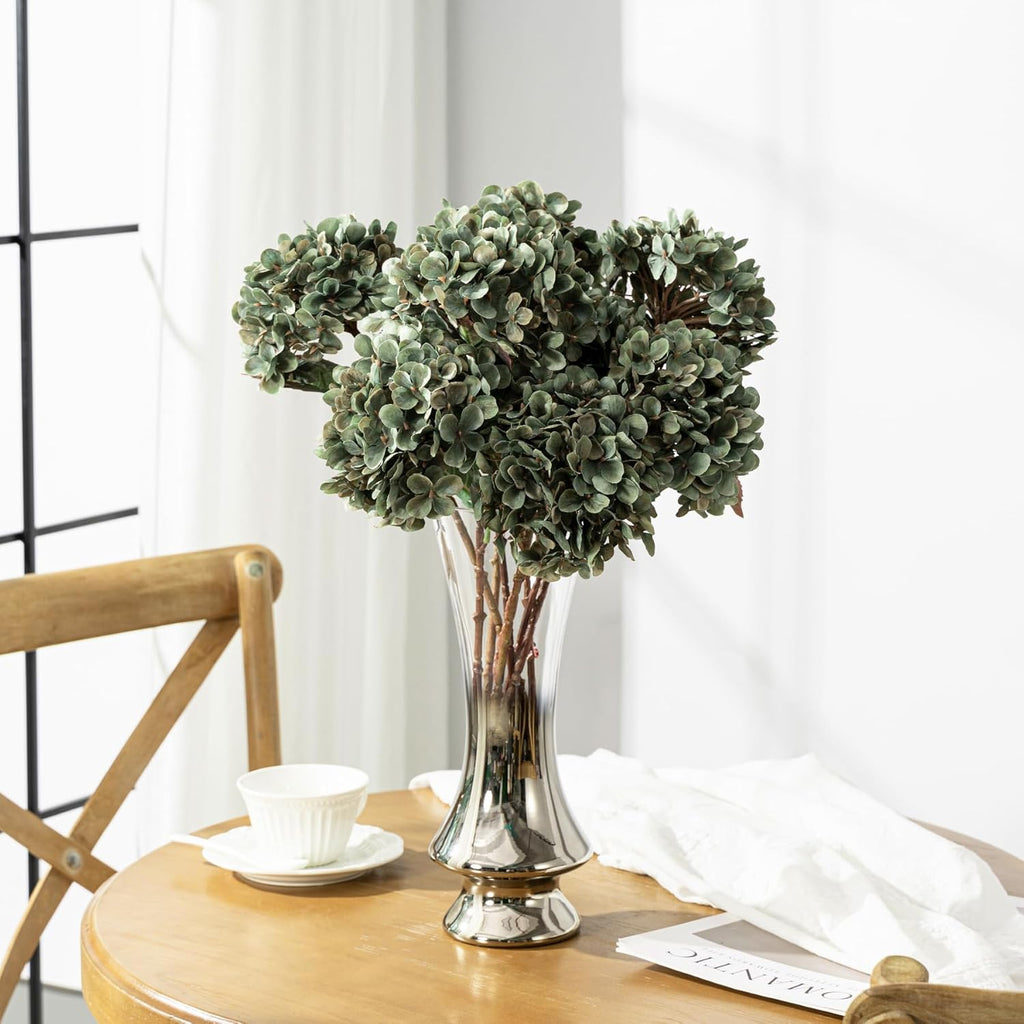 Hydrangea Artificial Flowers,Green Artificial Flower Fake Silk Hydrangea, Heads Bouquet with Stems Bulk for Fall