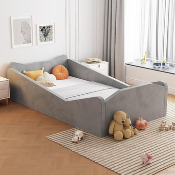 Toddler Bed, Floor Bed with Safety Guadrail, Montessori Toddler Bed with Animal Ear Shapes, Soft Velvet Wood Bed for