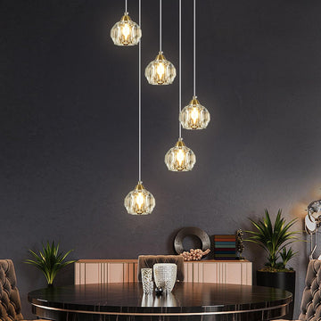Crystal Chandeliers for Dining Room Lights Fixture Over Table, 5-Light Gold Modern Pendant Light Fixture_Crystal Chandeliers for Living Room Kitchen Island Staircases Foyer Hallway Bar