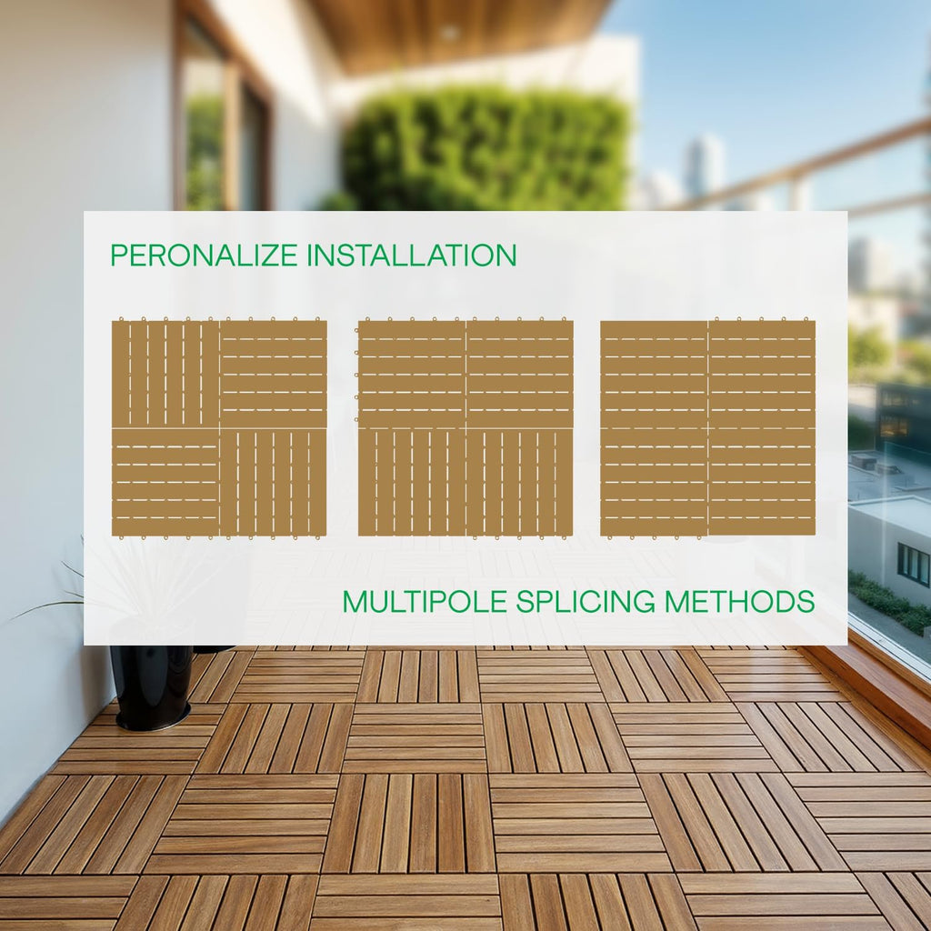 Interlocking Deck Tiles 9.6 SQFT - 10PCS Waterproof Acacia Wood Patio Tiles, Flooring Tiles for Indoor and Outdoor