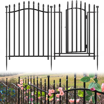 10 Panels No Dig Decorative Garden Fence with Gate - 32in H x 22.5ft L, Reinforced Square Tube Rustproof Tall Animal