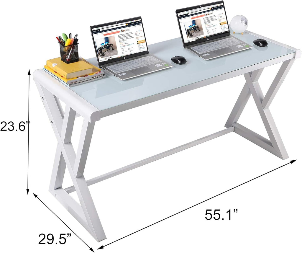 Computer Desk & Gaming Desk, Home Office Desks 55.1 Inch- Modern Simple Writing Study White Glass Computer Desk
