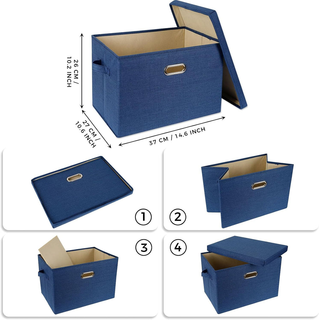 4 Pack Collapsible Fabric Storage Bins with Lids(Dark Blue 14.6x10.6x10.2 inches)