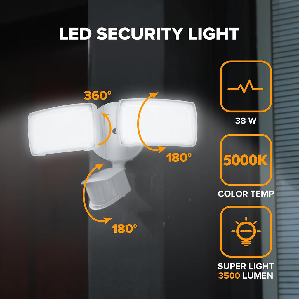 38W 3500 Lumen LED Motion Activated Integrated Dual-Head Floodlight Outdoor with Motion Sensor, 5000K Daylight, Dusk