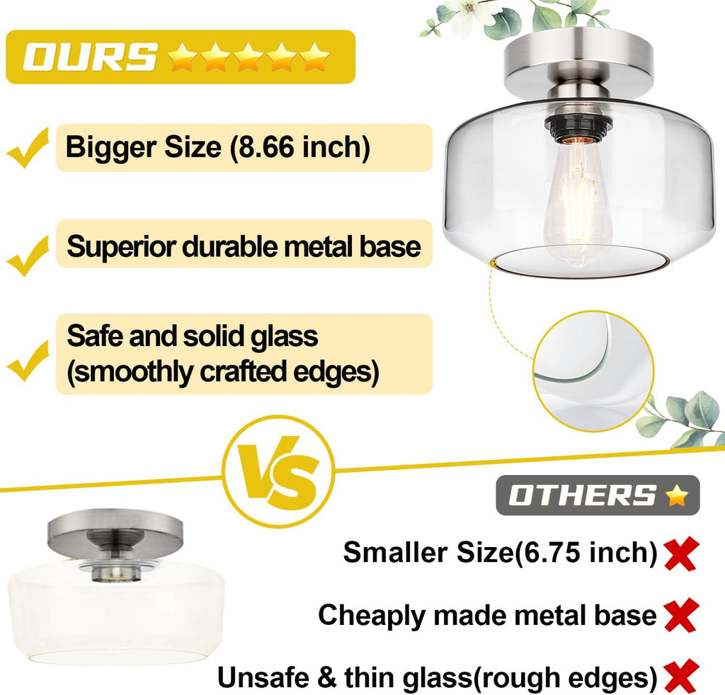 Industrial Semi Flush Mount Ceiling Light Brushed Nickel, Clear Glass Shade Ceiling Light Fixture, Farmhouse Light